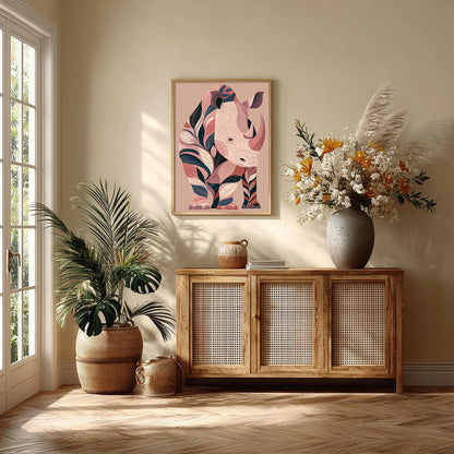 Pink Rhino Wall Art, Rhinoceros Poster Print, Tropical Animal Picture, Safari Bedroom Decor