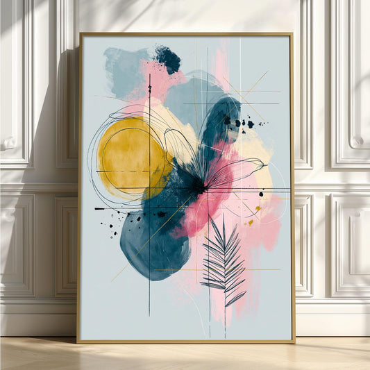Abstract Botanical Wall Art, Pink Yellow Blue Poster Print, Modern Leaf Line Picture, Bedroom Living Room Decor