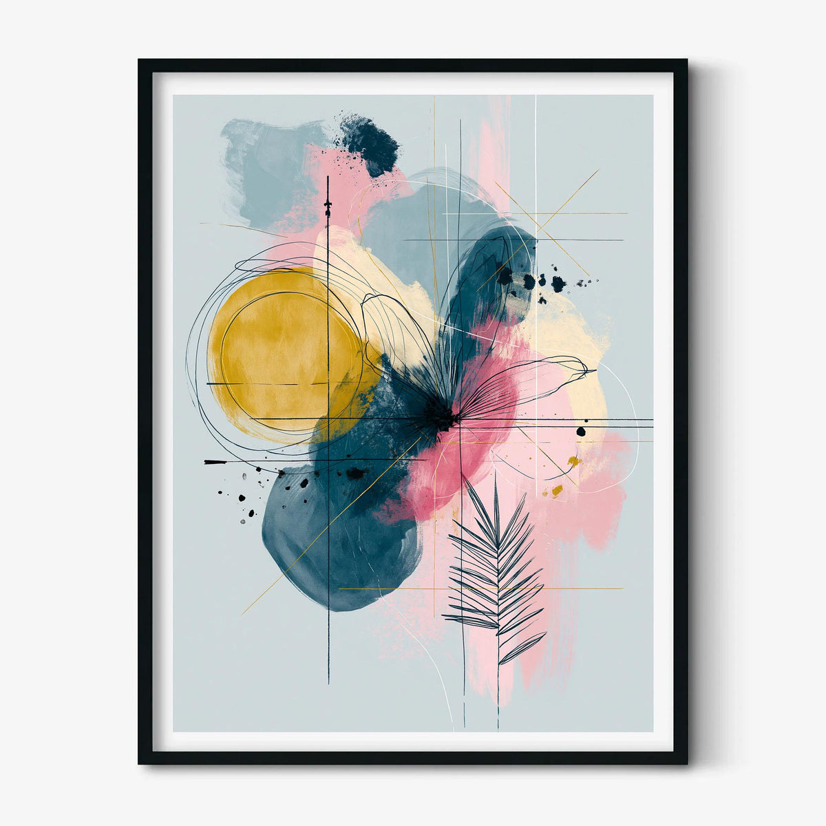 Abstract Botanical Wall Art, Pink Yellow Blue Poster Print, Modern Leaf Line Picture, Bedroom Living Room Decor