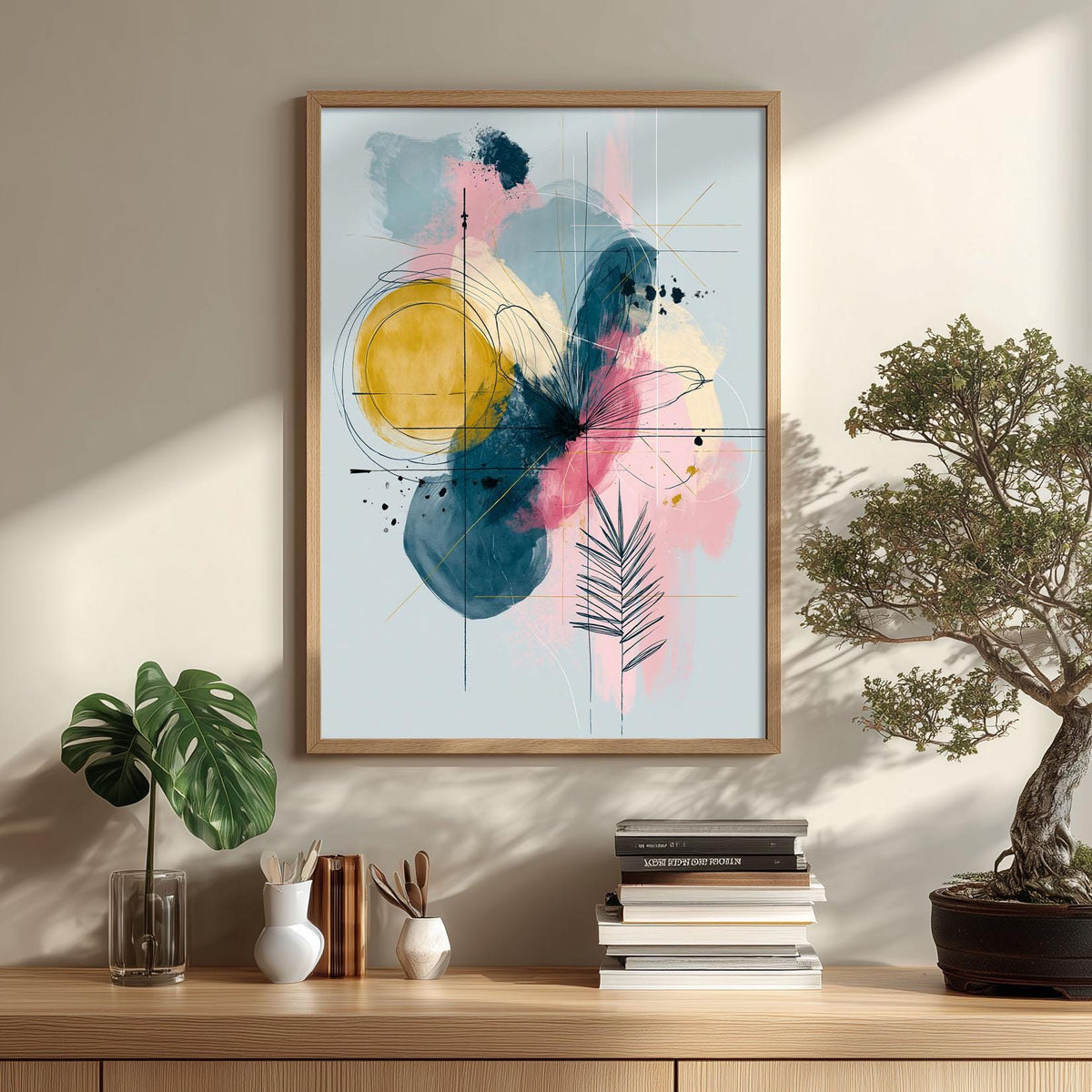 Abstract Botanical Wall Art, Pink Yellow Blue Poster Print, Modern Leaf Line Picture, Bedroom Living Room Decor