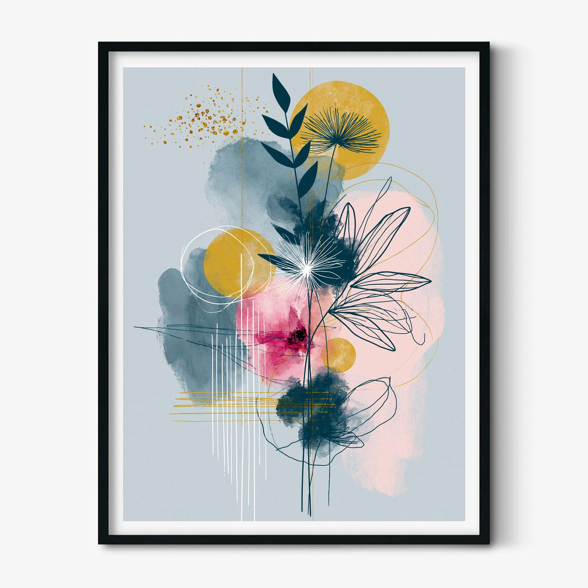 Abstract Botanical Wall Art, Pink Yellow Blue Poster Print, Modern Floral Line Picture, Bedroom Living Room Decor