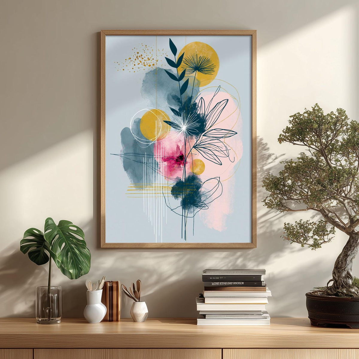 Abstract Botanical Wall Art, Pink Yellow Blue Poster Print, Modern Floral Line Picture, Bedroom Living Room Decor
