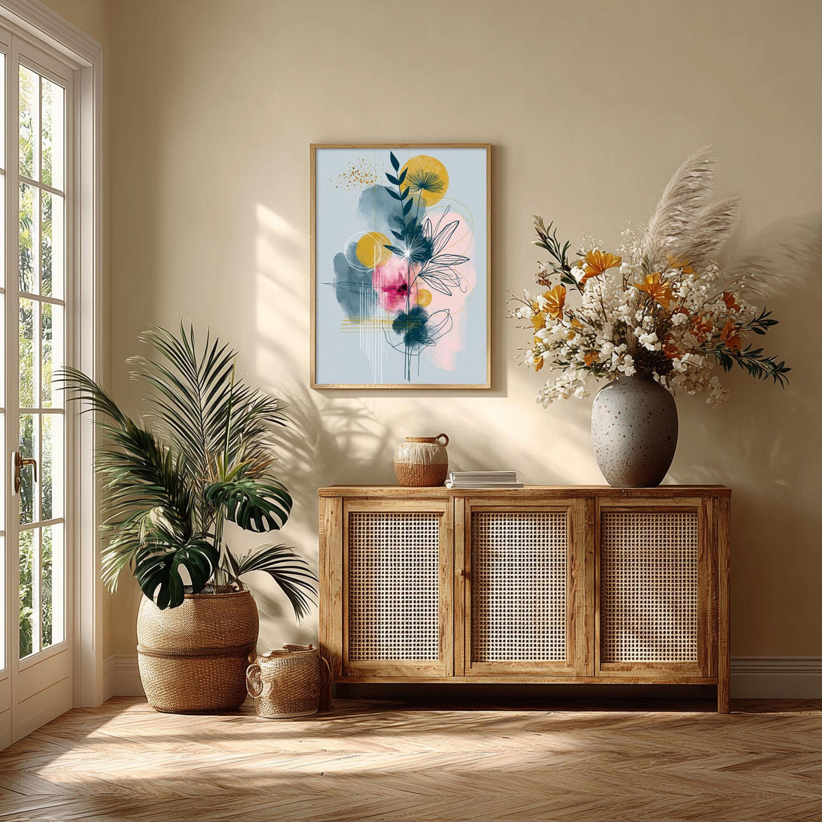Abstract Botanical Wall Art, Pink Yellow Blue Poster Print, Modern Floral Line Picture, Bedroom Living Room Decor