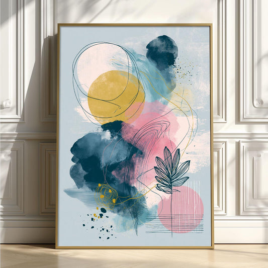 Abstract Botanical Print, Pink Yellow Blue Wall Art, Modern Leaf Line Picture, Bedroom Living Room Decor