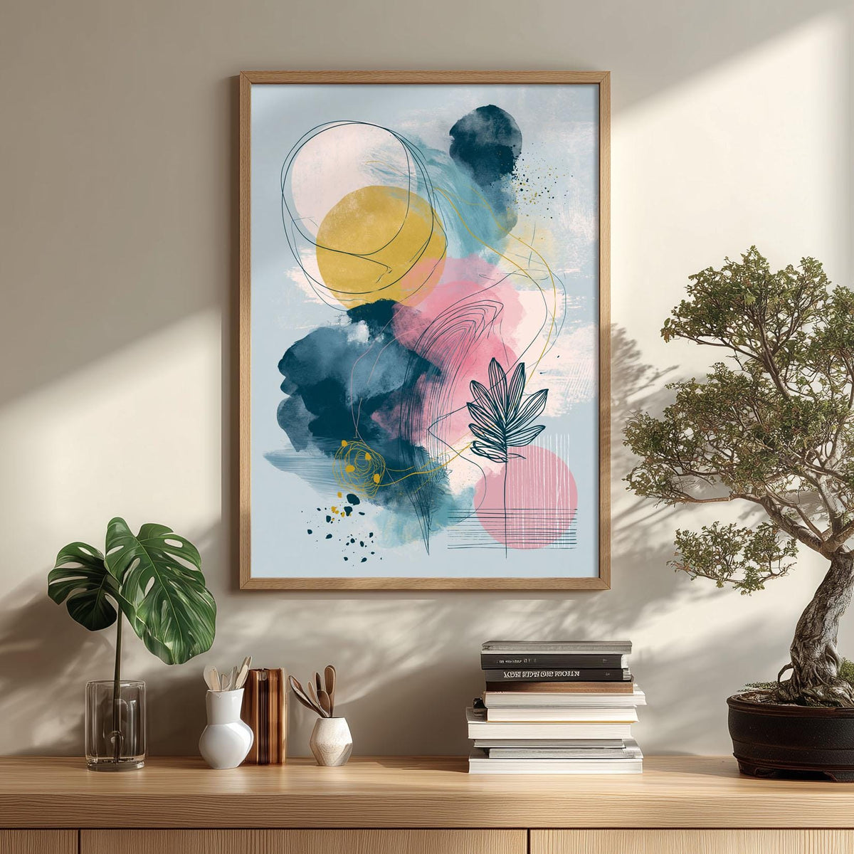 Abstract Botanical Print, Pink Yellow Blue Wall Art, Modern Leaf Line Picture, Bedroom Living Room Decor