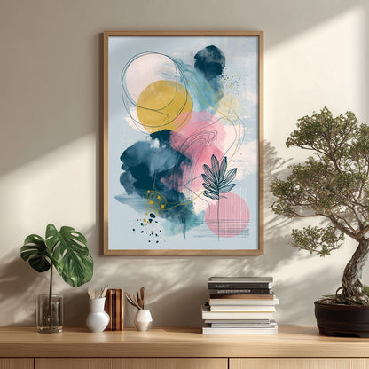 Abstract Botanical Print, Pink Yellow Blue Wall Art, Modern Leaf Line Picture, Bedroom Living Room Decor