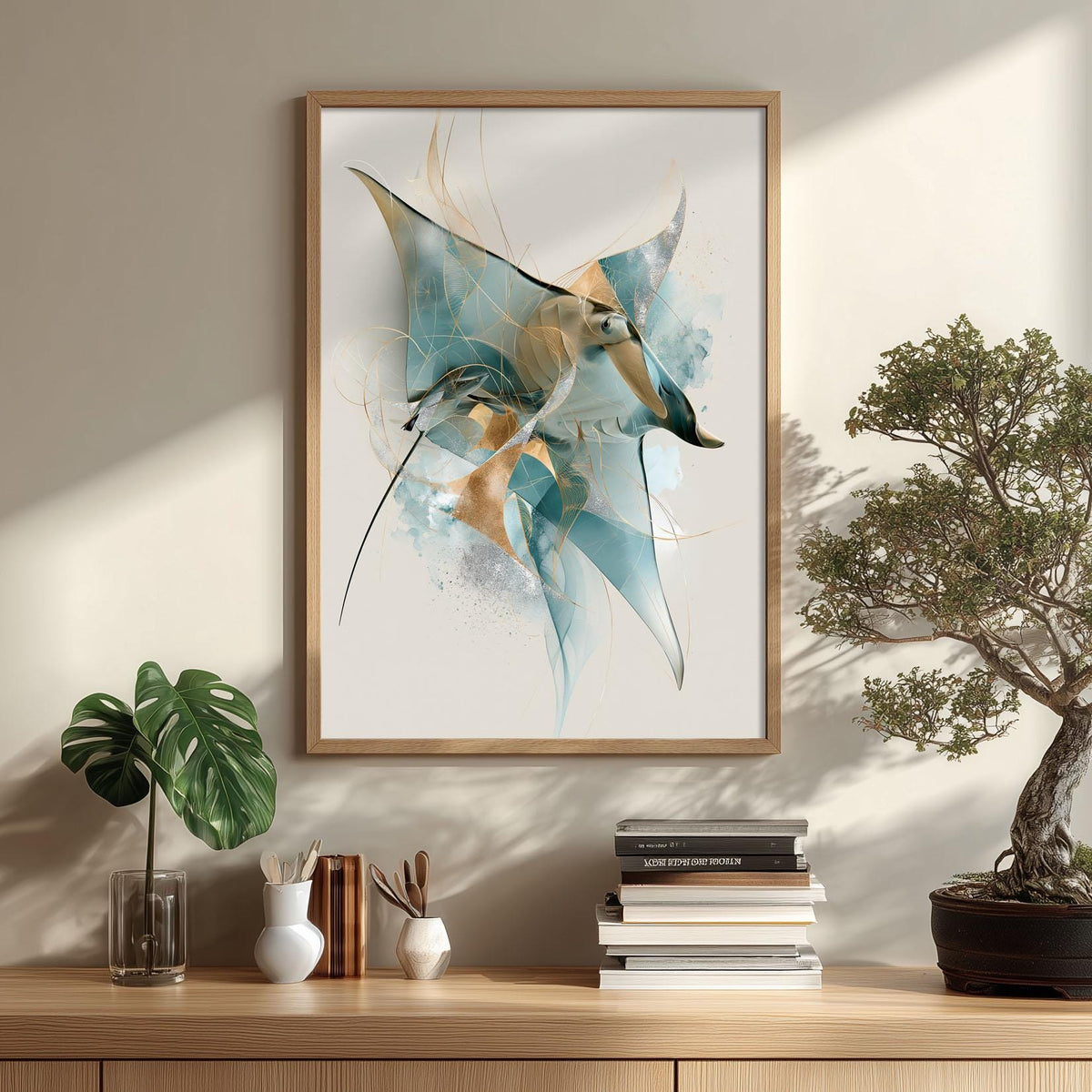Abstract Manta Ray Wall Art, Blue Stingray Poster Print, Ocean Animal Picture, Coastal Bathroom Decor