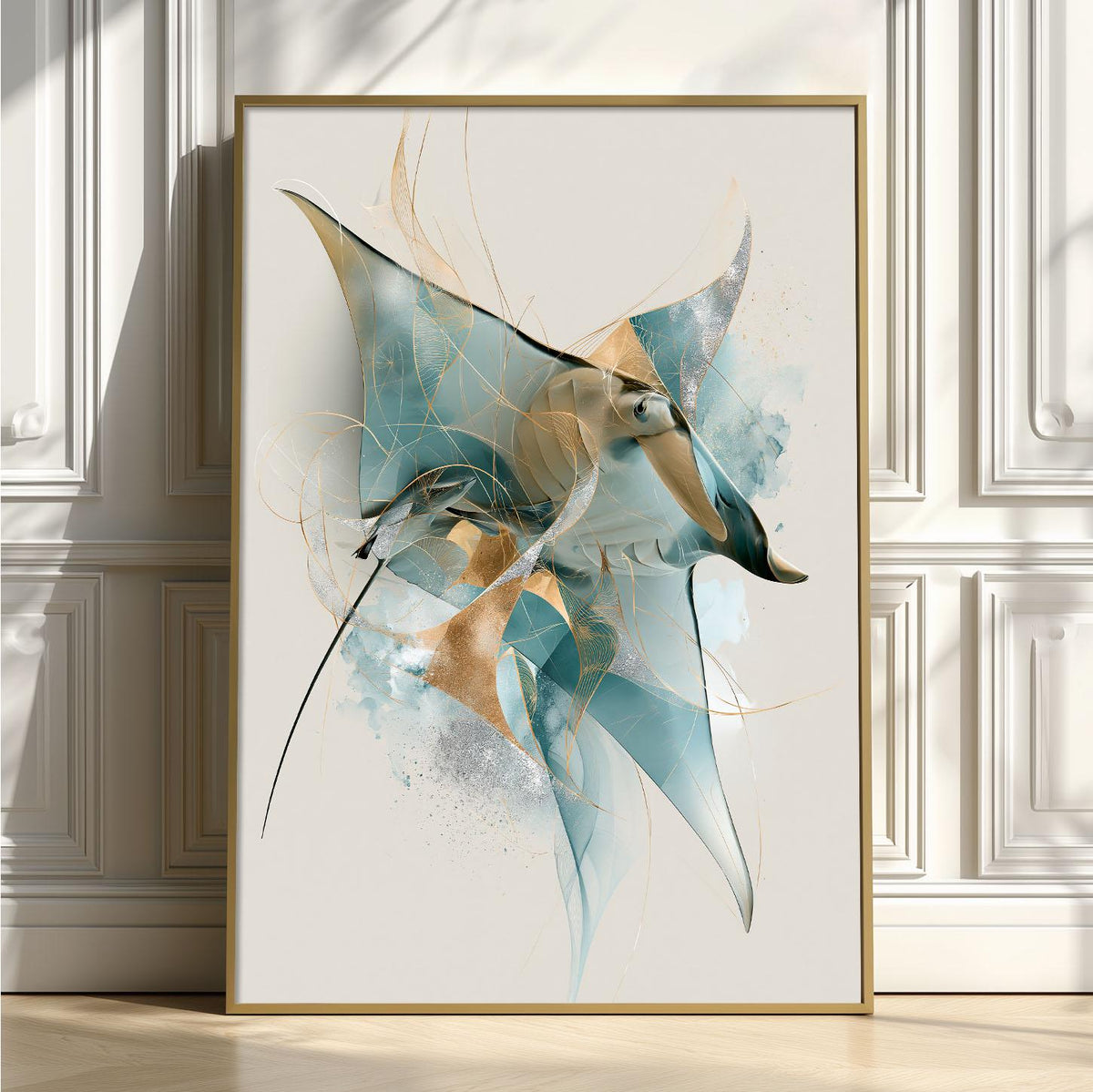 Abstract Manta Ray Wall Art, Blue Stingray Poster Print, Ocean Animal Picture, Coastal Bathroom Decor