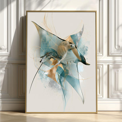 Abstract Manta Ray Wall Art, Blue Stingray Poster Print, Ocean Animal Picture, Coastal Bathroom Decor