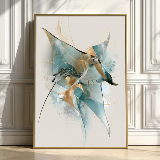 Abstract Manta Ray Wall Art, Blue Stingray Poster Print, Ocean Animal Picture, Coastal Bathroom Decor