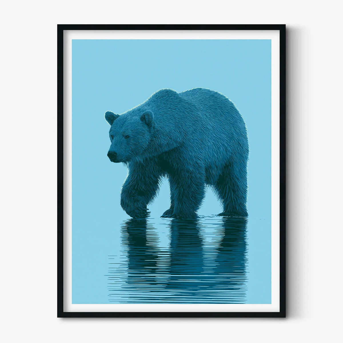Blue Bear Wall Art, Minimal Wildlife Poster Print, Bear Reflection Picture, Nursery Cabin Bedroom Decor