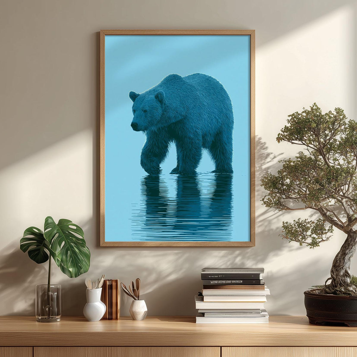 Blue Bear Wall Art, Minimal Wildlife Poster Print, Bear Reflection Picture, Nursery Cabin Bedroom Decor
