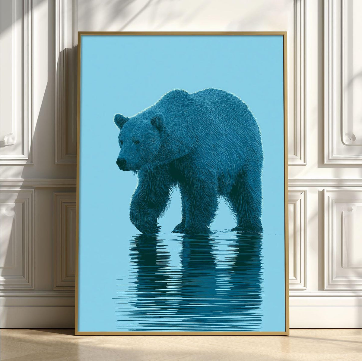Blue Bear Wall Art, Minimal Wildlife Poster Print, Bear Reflection Picture, Nursery Cabin Bedroom Decor
