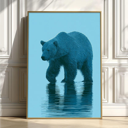 Blue Bear Wall Art, Minimal Wildlife Poster Print, Bear Reflection Picture, Nursery Cabin Bedroom Decor
