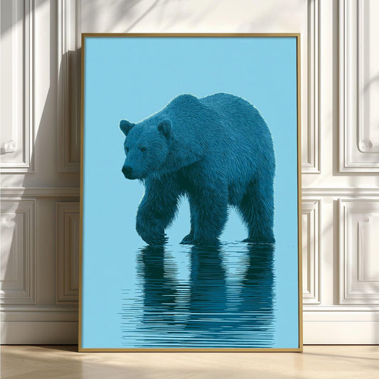 Blue Bear Wall Art, Minimal Wildlife Poster Print, Bear Reflection Picture, Nursery Cabin Bedroom Decor