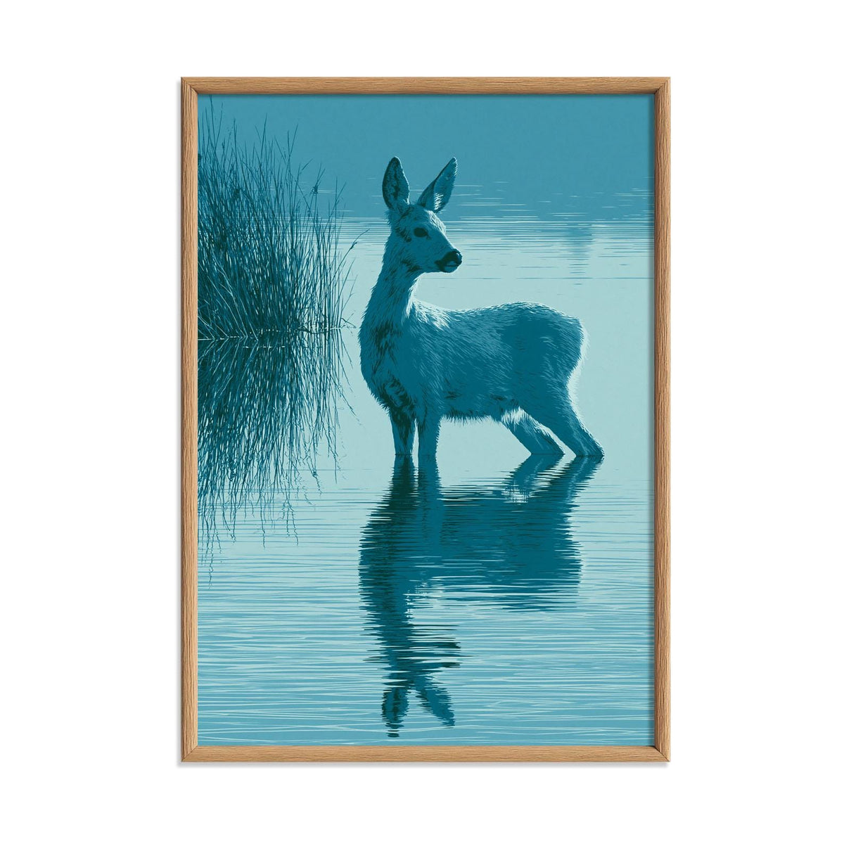 Blue Deer Wall Art, Deer Reflection Poster Print, Woodland Animal Picture, Lake Nursery Bedroom Decor