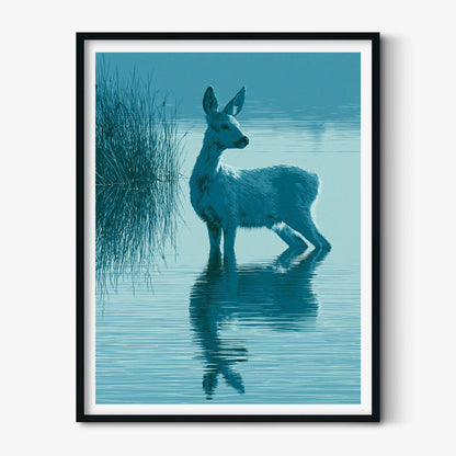 Blue Deer Wall Art, Deer Reflection Poster Print, Woodland Animal Picture, Lake Nursery Bedroom Decor