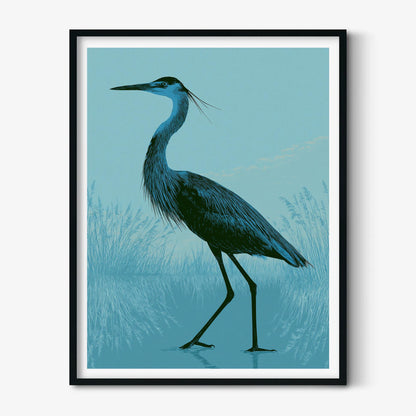 Blue Heron Wall Art, Great Blue Heron Poster Print, Marsh Bird Picture, Coastal Bathroom Lake House Decor