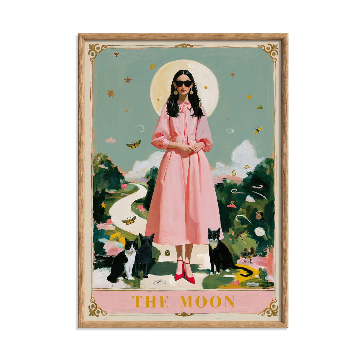The Moon Tarot Print – Pink Lady & Black Cats | Celestial Witchy Wall Art