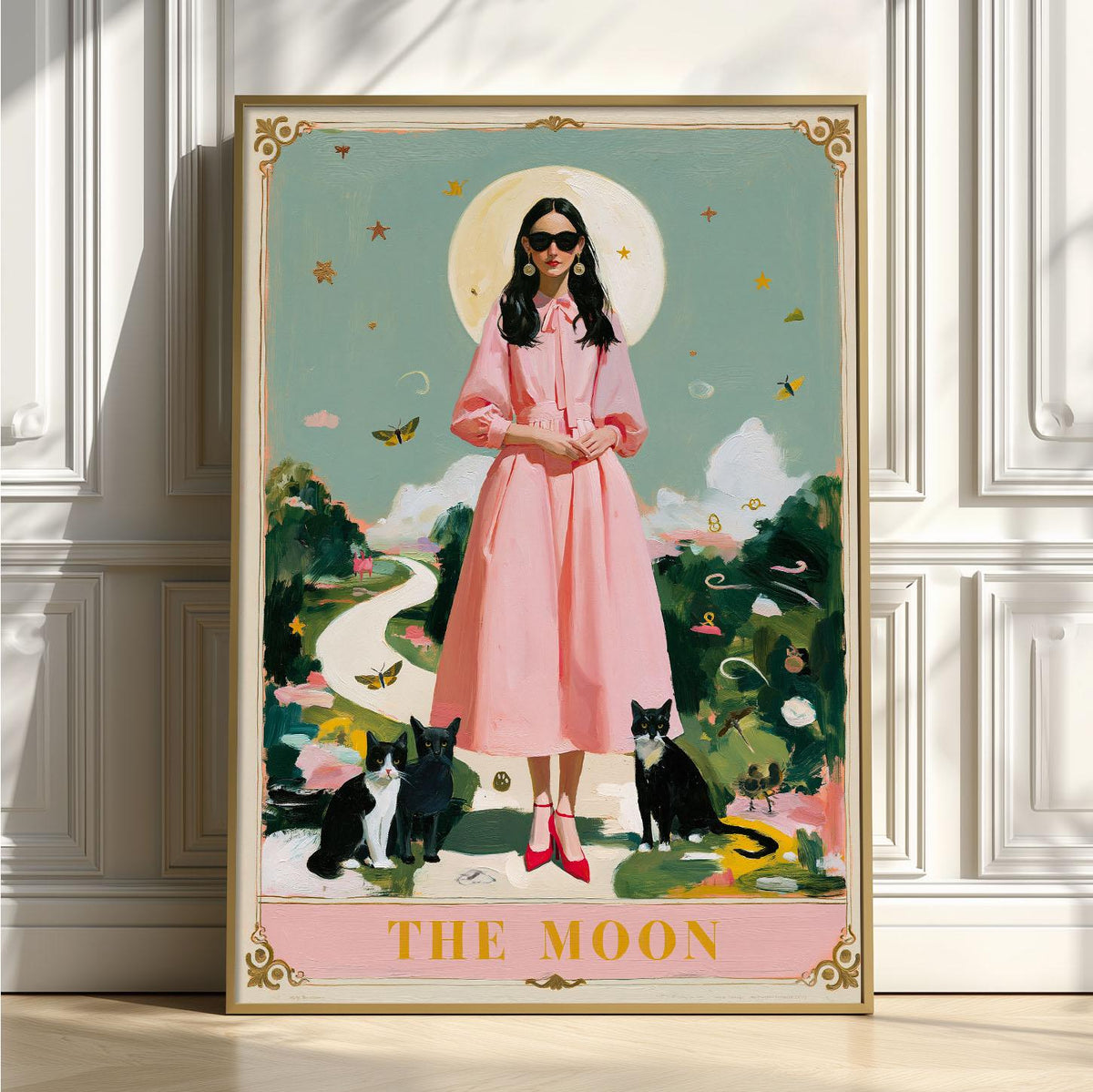 The Moon Tarot Print – Pink Lady & Black Cats | Celestial Witchy Wall Art