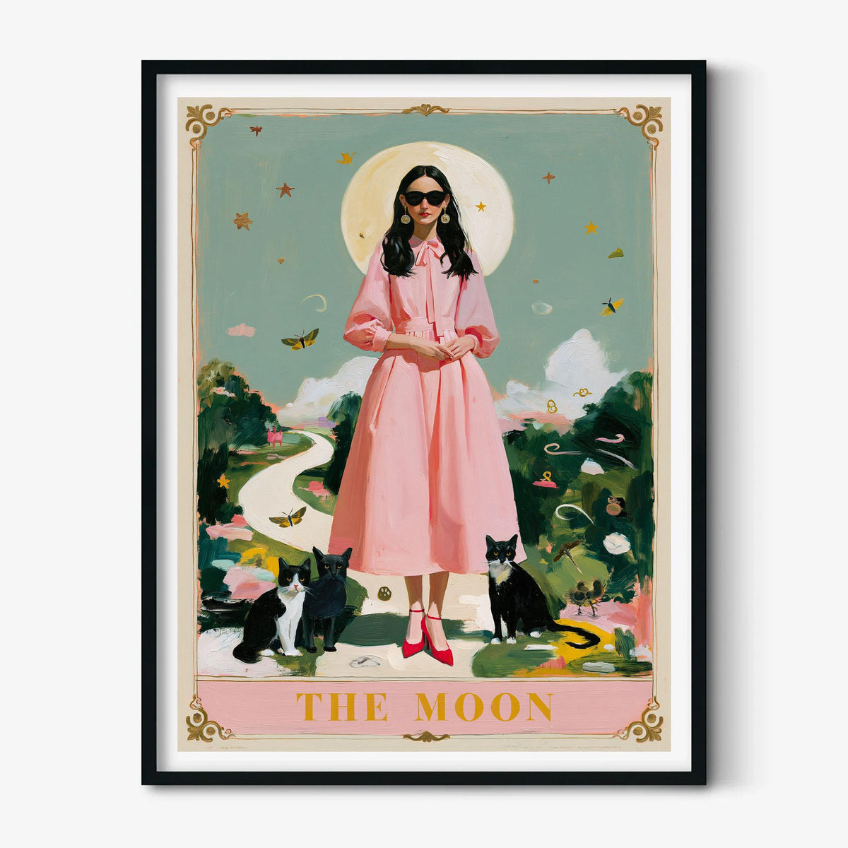 The Moon Tarot Print – Pink Lady & Black Cats | Celestial Witchy Wall Art