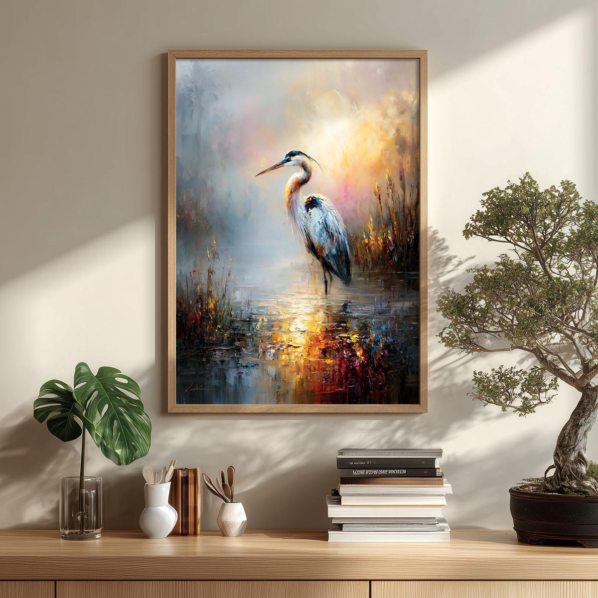 Heron Wall Art, Misty Marsh Bird Print, Blue Heron Poster, Wetland Wildlife Picture, Lake House Bathroom Decor