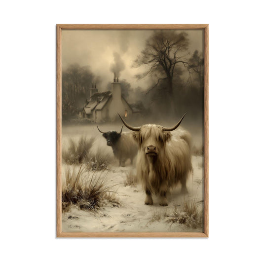 Highland Cow Wall Art, Scottish Cattle Poster Print, Snowy Farmhouse Picture, Rustic Cottage Decor