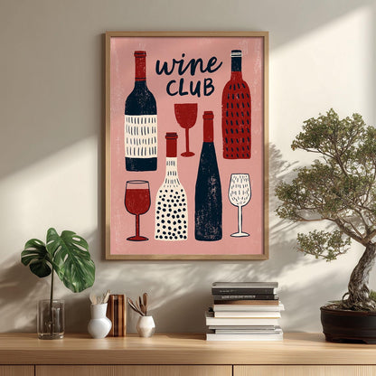 Wine Club Wall Art, Pink Wine Bottle Poster Print, Kitchen Bar Decor, Wine Lover Gift, Dining Room Ar