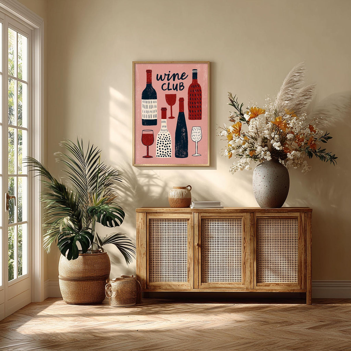 Wine Club Wall Art, Pink Wine Bottle Poster Print, Kitchen Bar Decor, Wine Lover Gift, Dining Room Ar