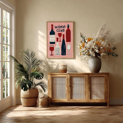 Wine Club Wall Art, Pink Wine Bottle Poster Print, Kitchen Bar Decor, Wine Lover Gift, Dining Room Ar