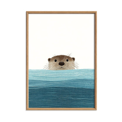 Otter Wall Art Print, Cute Peeking Animal Poster, Blue Nursery and Bathroom Decor