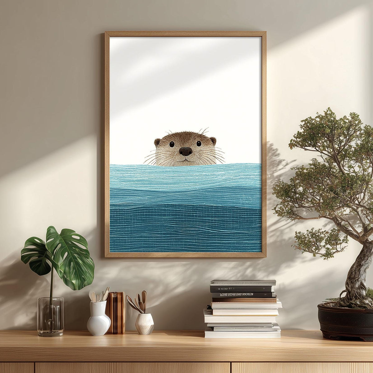 Otter Wall Art Print, Cute Peeking Animal Poster, Blue Nursery and Bathroom Decor