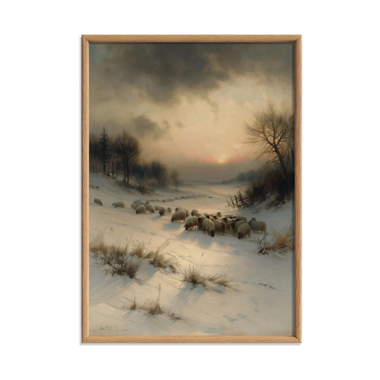 Winter Sheep Wall Art, Snowy Landscape Poster Print, Farm Animal Picture, Rustic Farmhouse Cottage Decor