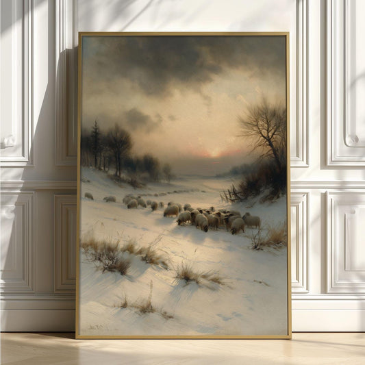 Winter Sheep Wall Art, Snowy Landscape Poster Print, Farm Animal Picture, Rustic Farmhouse Cottage Decor