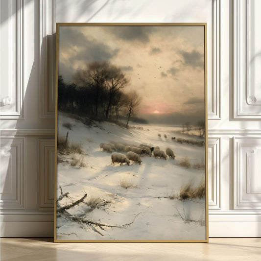 Winter Sheep Snowy Landscape Art Print, Rustic Farmhouse Cottage Decor