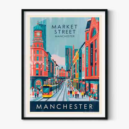 Market Street Manchester Print, Vintage Tram Scene, Cityscape Wall Art