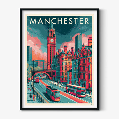 Manchester Wall Art, Manchester Poster Print, UK City Travel Picture, Tram Bus Street Scene, Office Decor