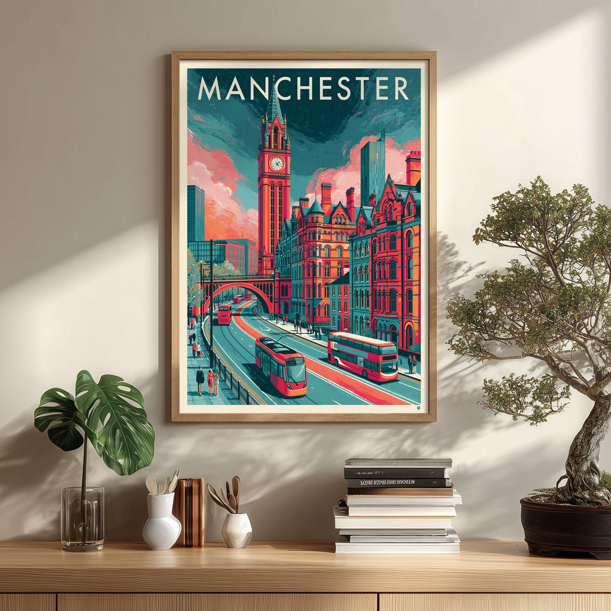 Manchester Wall Art, Manchester Poster Print, UK City Travel Picture, Tram Bus Street Scene, Office Decor