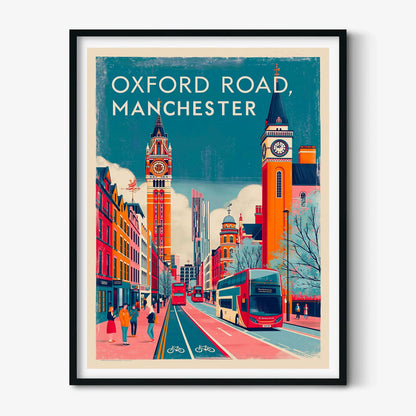 Manchester Oxford Road Print, Red Bus Street Scene, UK City Travel Art