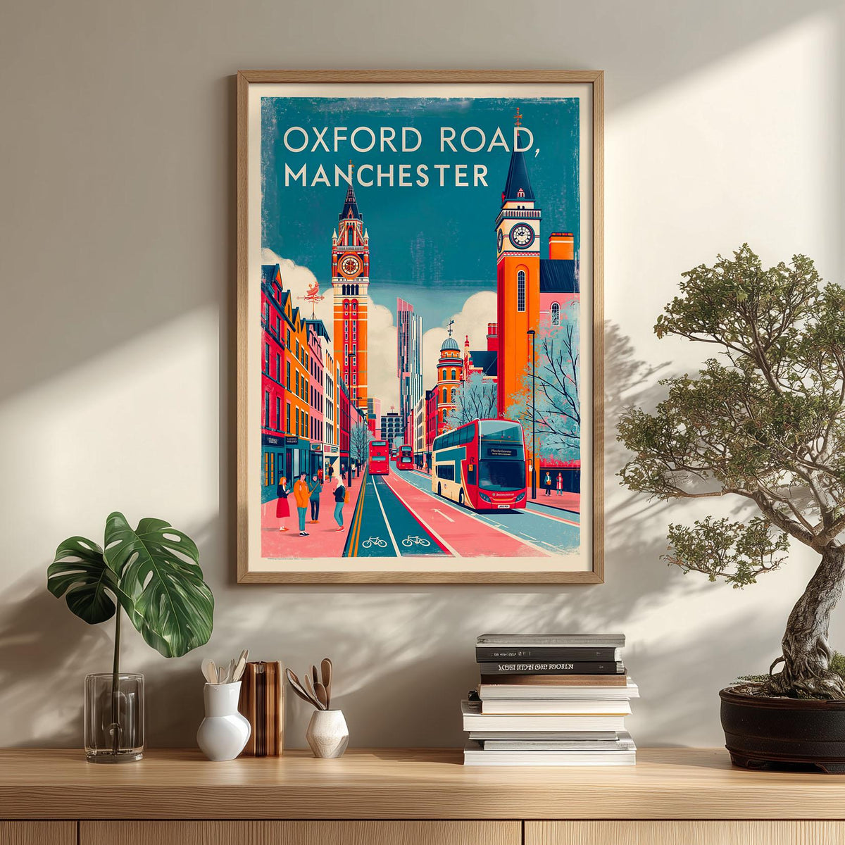 Manchester Oxford Road Print, Red Bus Street Scene, UK City Travel Art