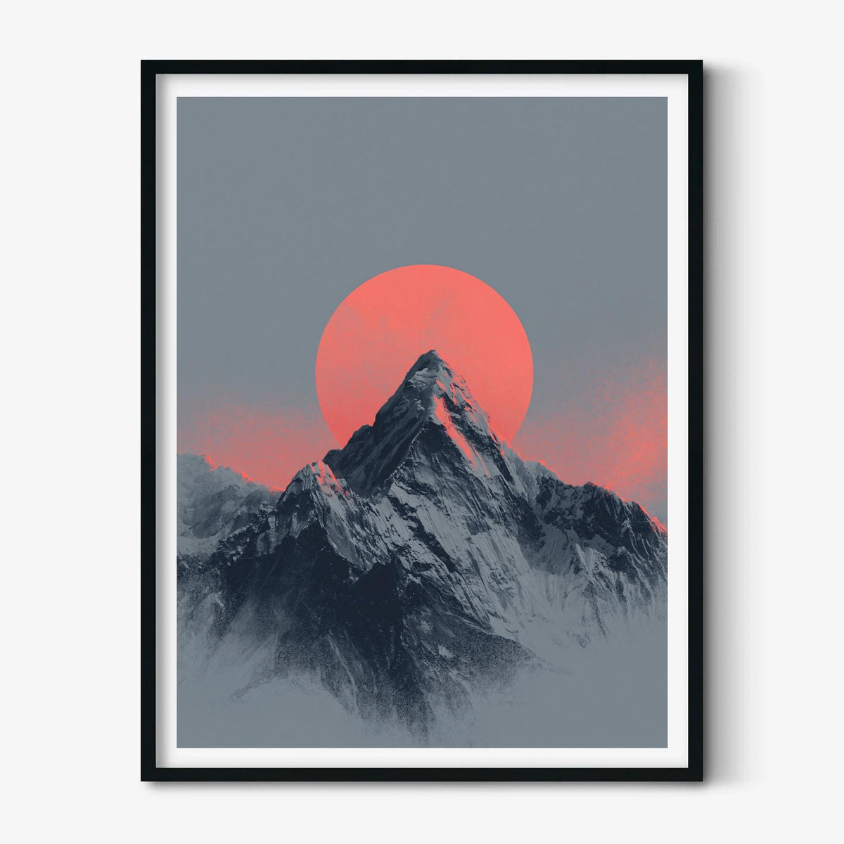 Minimalist Mountain Print, Red Sun Alpine Landscape, Scandinavian Wall Art