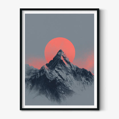 Minimalist Mountain Print, Red Sun Alpine Landscape, Scandinavian Wall Art
