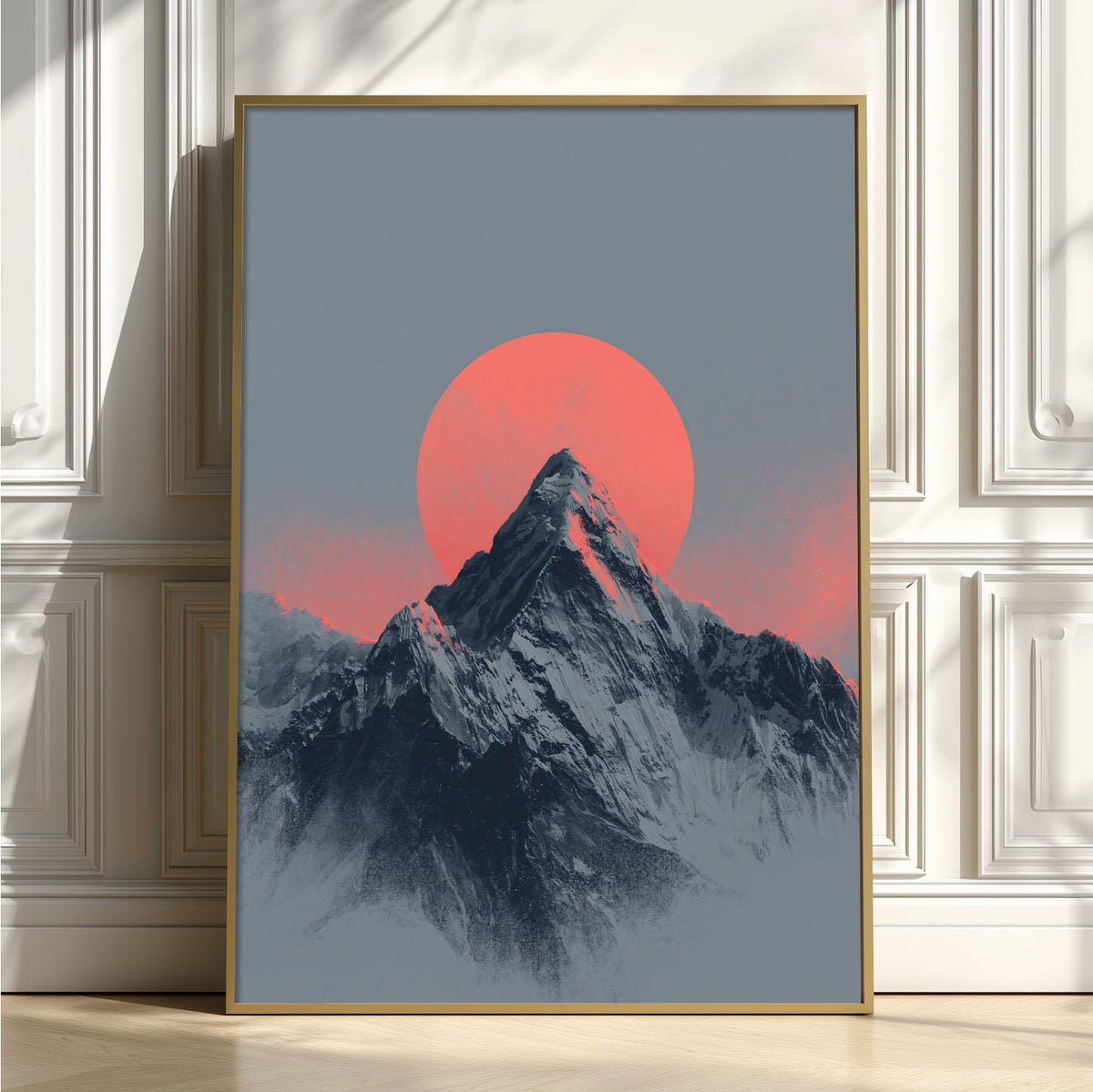 Minimalist Mountain Print, Red Sun Alpine Landscape, Scandinavian Wall Art