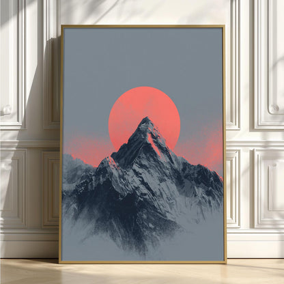 Minimalist Mountain Print, Red Sun Alpine Landscape, Scandinavian Wall Art