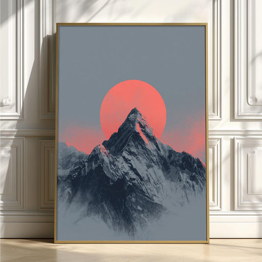 Minimalist Mountain Print, Red Sun Alpine Landscape, Scandinavian Wall Art