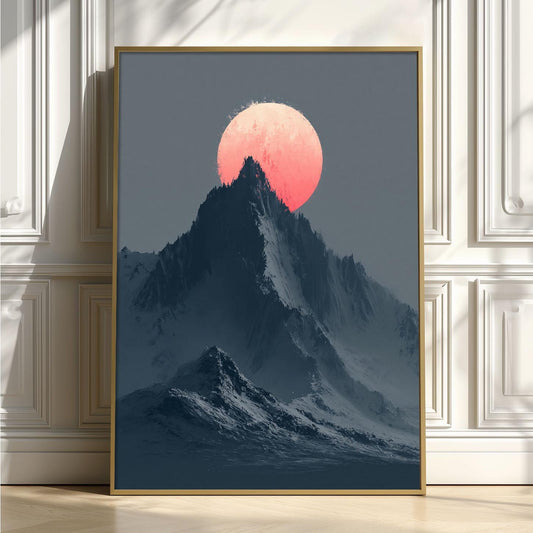 Pink Moon Mountain Wall Art, Snowy Alpine Landscape Print, Minimal Nature Decor