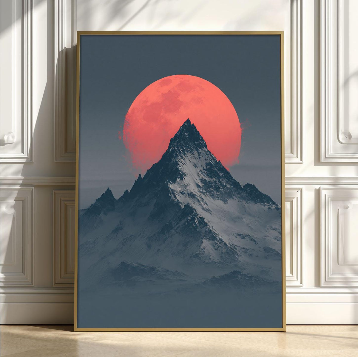 Snowy Mountain Moon Print, Minimal Alpine Landscape Wall Art