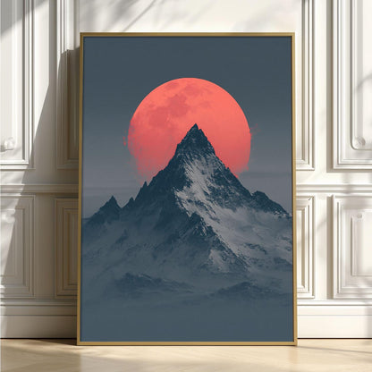 Snowy Mountain Moon Print, Minimal Alpine Landscape Wall Art