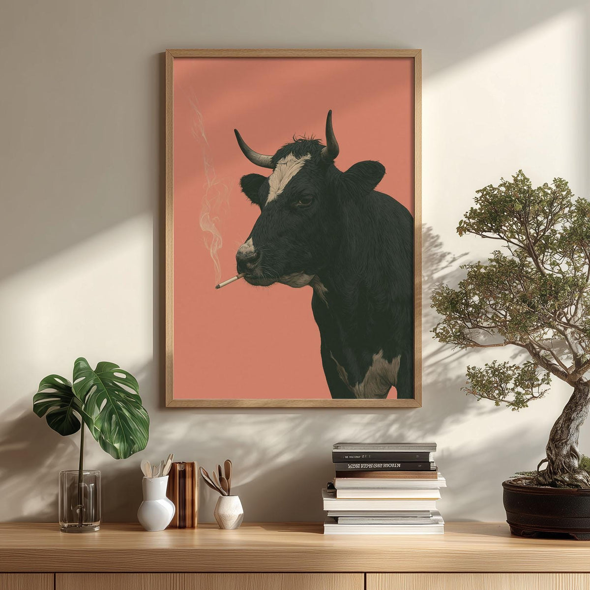 Smoking Cow Wall Art, Funny Cow Poster Print, Quirky Farm Animal Picture, Pink Farmhouse Kitchen Bar Decor
