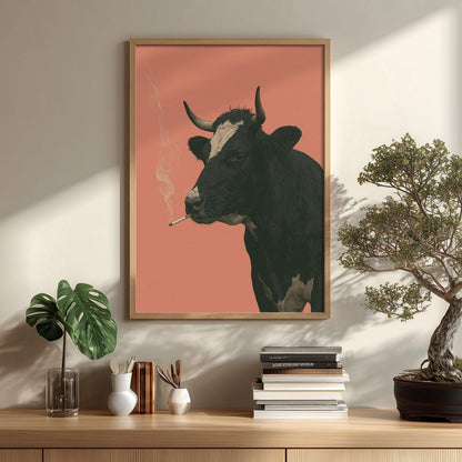 Smoking Cow Wall Art, Funny Cow Poster Print, Quirky Farm Animal Picture, Pink Farmhouse Kitchen Bar Decor